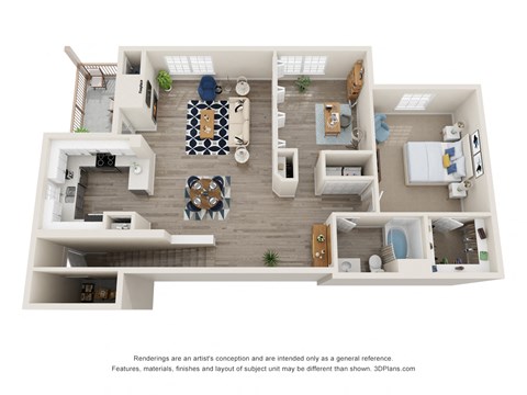 Floor plan for 1 bed, 1 bath, 1190 sqft